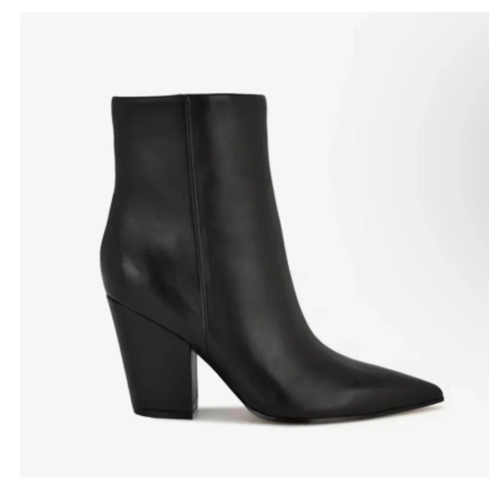 Nine West Women Black Leather Pointed Toe Block Heel Ankle Boots Size 12M